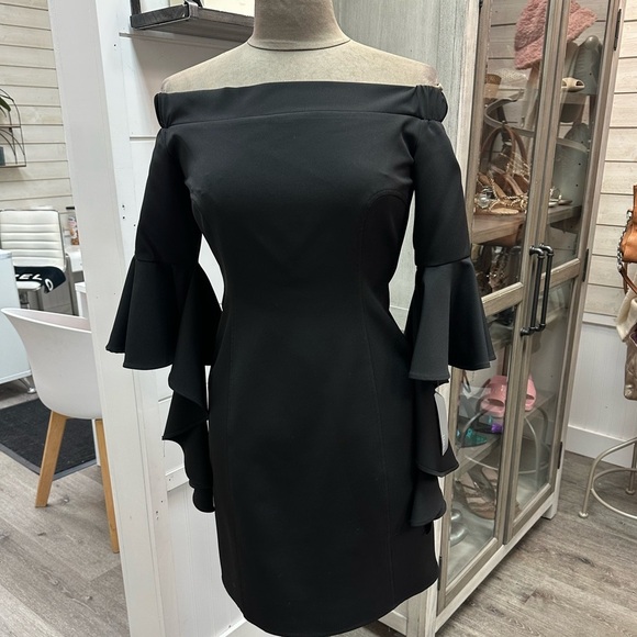 GRACIA Black Off-Shoulder Ruffle Sleeve Dress – Size Small (NWT) - Picture 3 of 11